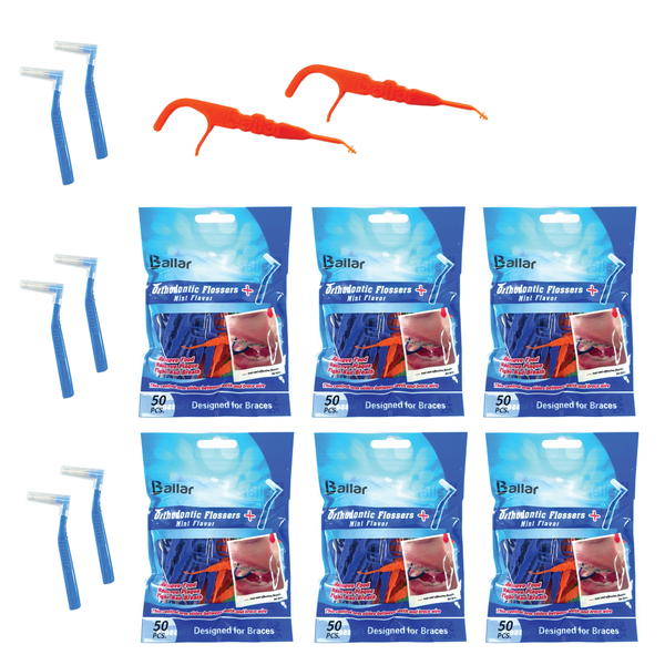 Ortho Floss| Floss for Braces| 300 Count Bag| Pack of 6 Bonus 6 Interdental Brush| Floss Dental Pick Fits Between Brace Wire and Teeth| Quick and Easy Braces Floss